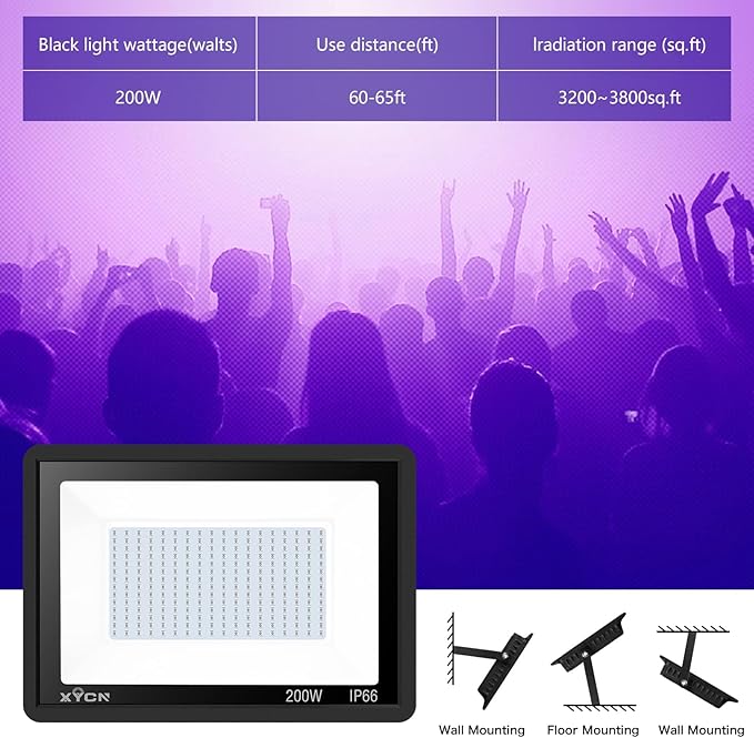 4 Pack 200W LED Flood Black Lights,395nm to 405nm UV Outdoor Flood High Power Blacklight Light with Plug in, IP66 Waterproof Large Black Light Spotlight for Glow Party Large Space, Halloween