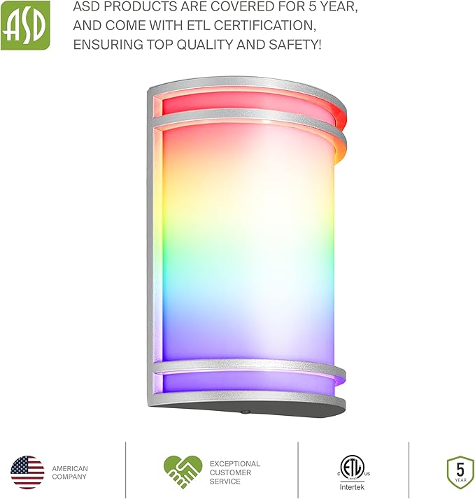 ASD 10 Inch Smart RGBW LED Outdoor & Indoor Wall Mount Light Fixture - Nickel RGB Wall Sconce Exterior Lighting - 120-277V 15W 2700-6500K Dimmable, Remote Control, Alexa - Front Door, Patio ETL 2 Pack