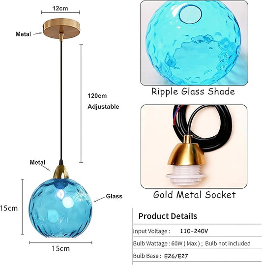 15cm/5.9’’ Industrial Vintage Spherical Glass Pendant Light, E26 Ceiling Hanging Lamp, Gold Finish & Ripple Glass Globe Shade, Dining Room Bedroom Chandelier (Azure Blue)