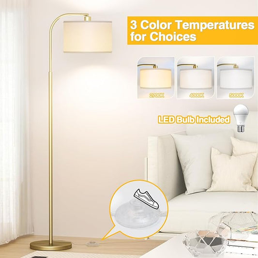 Arc Floor Lamps for Living Room with 3 Color Temperatures, Modern Floor Lamp Reading Light with 9W Bulb Included, Standing Lamp with Adjustable White Hanging Lampshade for Bedroom Office(Gold)