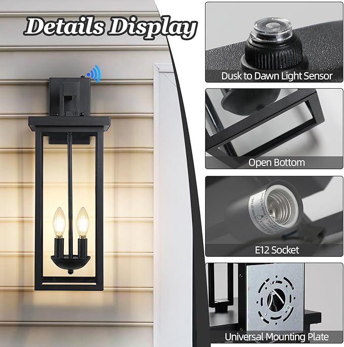 22 Inch Dusk to Dawn Outdoor Lighting,Large Porch Light Outdoor Light Fixture,2 Pack Outdoor Sconce Lights with E12 Base Waterproof 2-Light Black Exterior Lights for House Patio,Garage