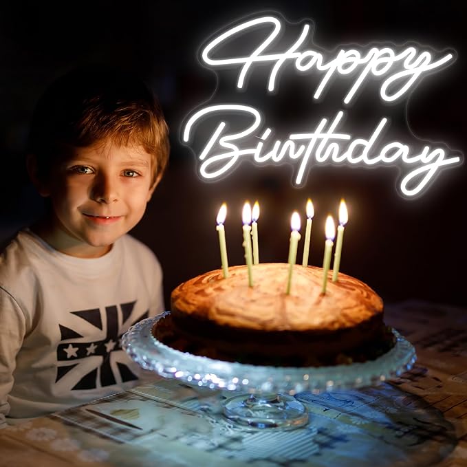 30" x 21" Happy Birthday Neon Sign Large Happy Birthday LED Neon Light Signs with Dimmable Switch 12V Power Adapter for Party Wall Decoration Bar Rave Home Decor Backdrop(Cold White,30" x 21")