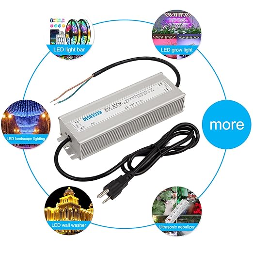 LED Driver 24V250W Waterproof Power Supply AC90-120V to DC24V10.4A Waterproof Low Voltage Transformer Suitable for Indoor and Outdoor LED Light Strips and Any 24V DC High-End Devices