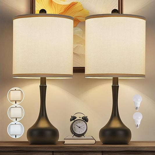 23" Farmhouse Table Lamp Set of 2, Black Metal Modern Bedside Lamps for Living Room, 3 Color Temperature Rustic Table Lamps for Bedroom, Night Stands, Dorm,Office, Home Décor (Bulb Included)