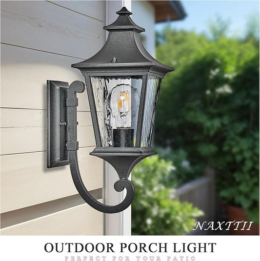 Outdoor Wall Lights 21 Inch Large Front Porch Light with Water Ripple Glass Black Exterior Light Fixture for House E26 Socket