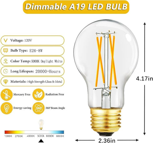 A19 Vintage LED Edison Light Bulbs 75 Watt, E26 Dimmable LED Filament Light Bulbs, Daylight White 5000K,8W Equal 75W Incandescent Bulbs,850LM, AC120V, A19 LED Bulb with 90 CRI,COCODI-6Pack (8W-5000K)