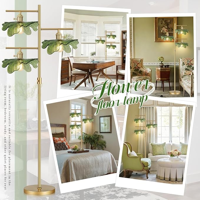 Green Glass Floor Lamp Dimmable Floor Lamp for Living Room 65โ Modern Standing Lamps Industrial Floor Lamps Gold Tall Lamps for Bedroom Study Room Office Cafe