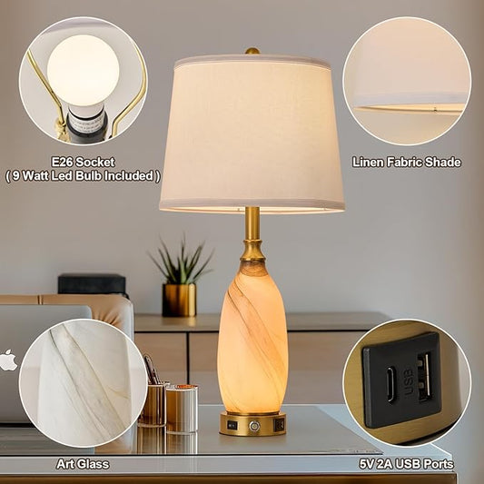 AIDENOEY 26" Modern Art Glass Table & Bedside Lamp, Stepless Dimmable Base + Dimmable 3-Color Light, USB A/C Charging Ports, Touch Control & Switch for Bedroom, Living Room, Office, Study
