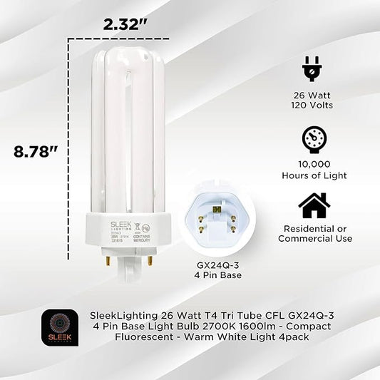 SLEEKLIGHTING 26 Watt T4 Tri Tube CFL 4 Pin GX24Q-3 Base Light Bulb 2700K 1600lm - Compact Fluorescent - Warm White Light 4pack