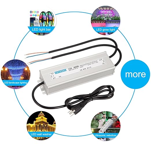 LED Driver 12V400W Waterproof Power Transformer 90-130V AC to DC 12V33.3A Switching Power Supply IP67 with 3-pin Plug Suitable for Indoor and Outdoor LED Lighting and Any 12V DC LED