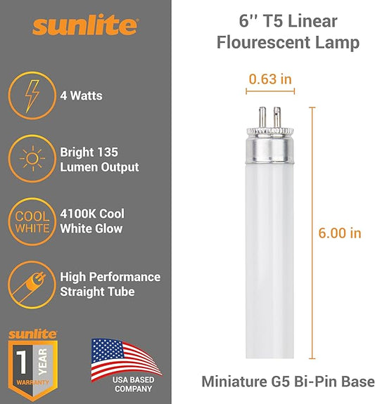 Sunlite 6-Inch F4T5/CW T5 Linear Fluorescent Lamp, 4 Watts, 135 Lumens, 4100K Cool White, Miniature G5 Bi-Pin Base, ROHS Compliant, High Performance Straight Tube, 10 Pack
