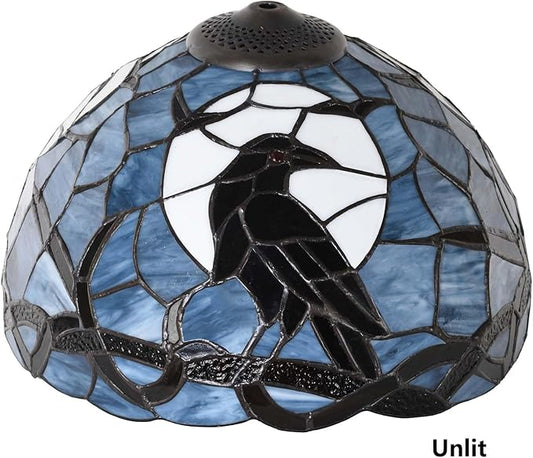Bieye S10956 Raven Sitting on Bare Tree Tranch Against Full Moon Tiffany Style Stained Glass Lampshade (Dark Blue, 12Wx7.75H)