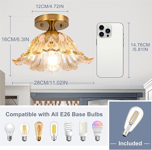 Semi Flush Mount Ceiling Light, Vintage Ceiling Light E26,Amber Shade Glass Hallway Light Fixture for Kitchen Porch Bedroom,Bulb Included 3000K