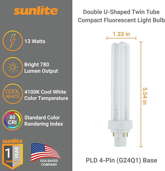 Sunlite PLD13/E/SP41K Compact Fluorescent PLD 4-Pin Double U-Shaped Twin Tube, 13 Watts, 120 Volts, 780 Lumens, 4100K Cool White, 4-Pin G24q1 Base, 10 Pack