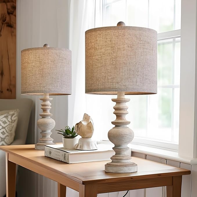 BOBOMOMO Tradition 20" Rustic Table Lamp Set of 2 for Living Room Bedroom Bedside Desk Lamps Bedroom Nightstand Vintage Lamps Linen(Suitable for Decorating Small Areas)