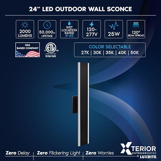 LUXRITE 24 Inch LED Outdoor Wall Sconce, 25W, 2000 Lumens, 5CCT Selectable (2700K–5000K), Dimmable, CRI 90, 120° Beam Angle, 120-277V, ETL Listed, Black – Modern Outdoor Light Fixture