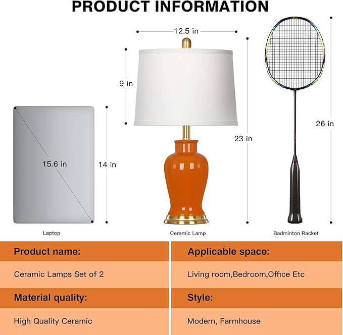Orange Ceramic Lamps Set of 2, 23" Modern Table Lamps for Living Room, Stylish Bedroom Ginger Jar Lamps, Elegant Bedside Lamp for Night Stand Desk Side End Table Home Decor(Bulbs Included)