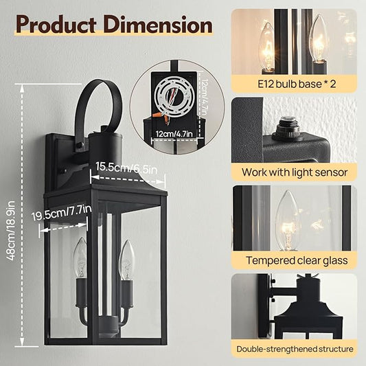 18.9" Black Dusk to Dawn Outdoor Lighting, 2-Light Industrial Porch Light with Clear Glass, Waterproof Farmhouse Outside Light Fixture Wall Mount for Porch, Patio, Garage (1 Pack)