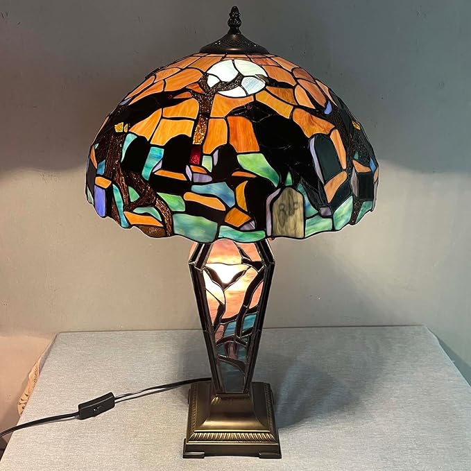 Bieye L10987 Ravens in Spooky Cemetery Tiffany-Style Stained Glass Table Lamp with Coffin Base Night Light - Gothic Graveyard Scene (Dark Orange, 16Wx26H inch)