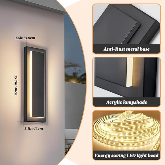 15.7 in Outdoor Wall Sconce Light,Modern Exterior Lights Fixture,Outdoor Porch Lights for House,Patio,Outdoor Wall Lighting,3000K Warm White, 12 W 2 Packs