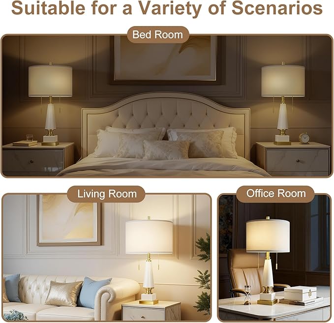 26" Bedside Table Lamps Set of 2, Ceramic Lamps for Living Room Nightstand with USB A+C Ports, Pull Chains Dual Switch, Modern Lamp with Linen Shade for Bedroom Office Home (Bulb Included)