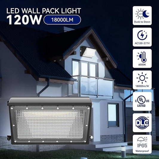 LED Wall Pack Light 120W, 18000LM 5000K Daylight, Outdoor Lighting with Dusk-to-Dawn Photocell, LED Wall Pack for Parking Lot, Warehouse, Yard, ETL Listed (120W - 2PACK)