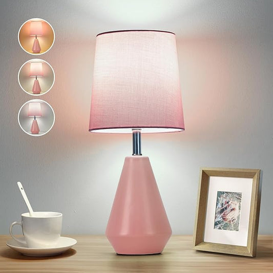Small Bedside Table Lamp for Bedroom - Reading Desk Lamp with 3 Color Temperatures,15.5" Nightstand Ceramic Lamp with Fabric Shade for Kids Room,Living Room,Dorm,Home Office (Pink)