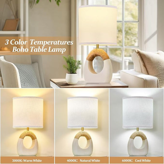 Table Lamp for Bedroom Set of 2 - Bedside Table Lamps with Adjustable Color Temperatures - Boho Rattan Lamps for NightStands Small White Farmhouse Living Room Lamps for Reading Bulbs Included