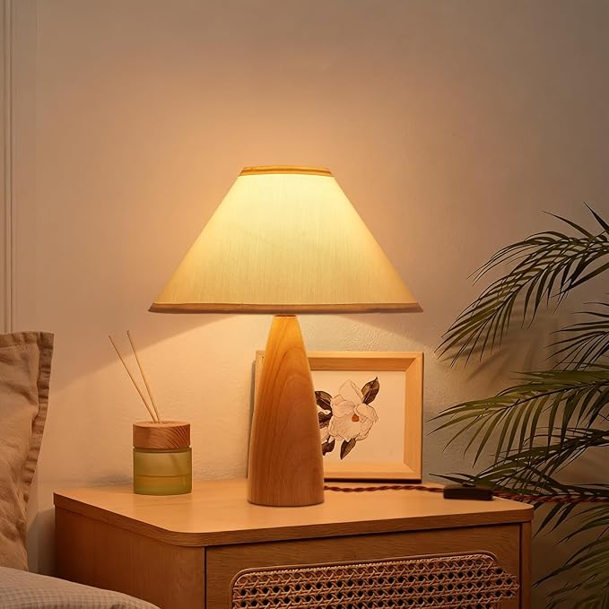 Bedside Table Lamp for Bedroom, Mid-Century Modern Plug in Fabric Shade & Solid Wood Base Desk Lamp, Plug & Play Yellow Wood Nightstand Lamp for Living Room, Office 【Bulb Included】