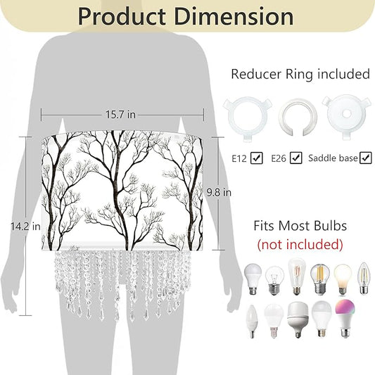 Winter Tree Branch Lamp Shade with Acrylic Bead Droplets, Branch Drum Fabric Light Shade for Pendant Table & Floor Lamp, Traditional Mordern Decor, 15.7in