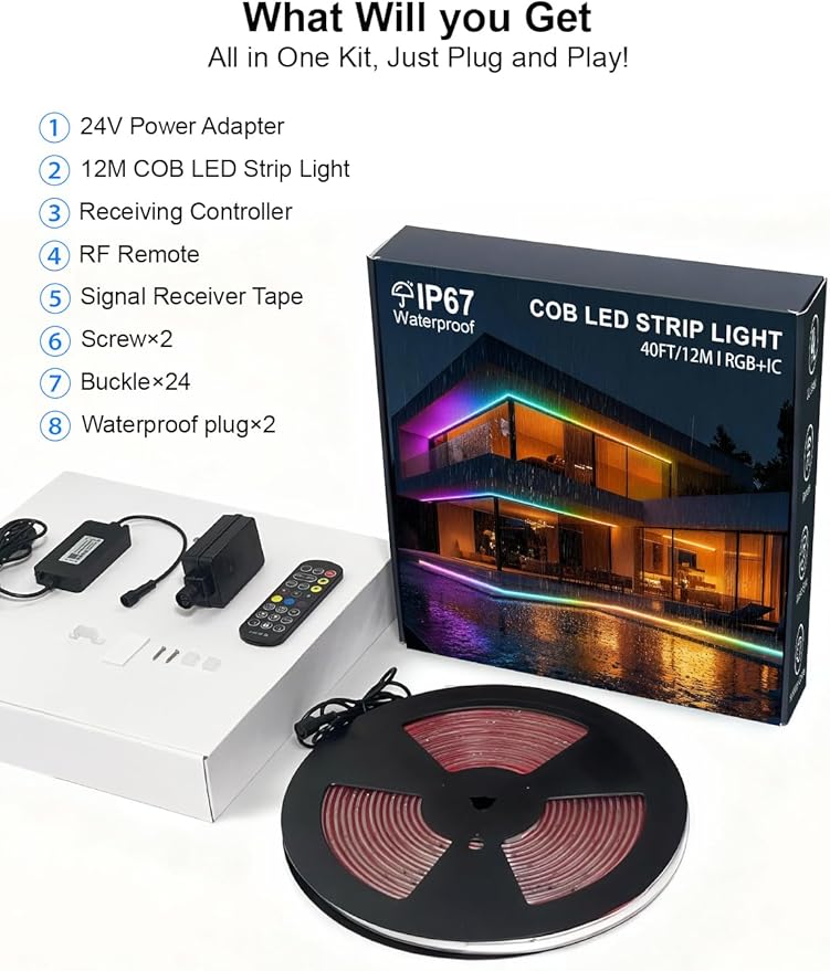 COB LED Strip Lights, RGB Smart IC, IP67 Waterproof, Dimmable 40FT/12M, Color Flowing Tape Light with App Control & Music Sync, Dotless LED Light for Outdoor, Patio, christmas & Party Decorations