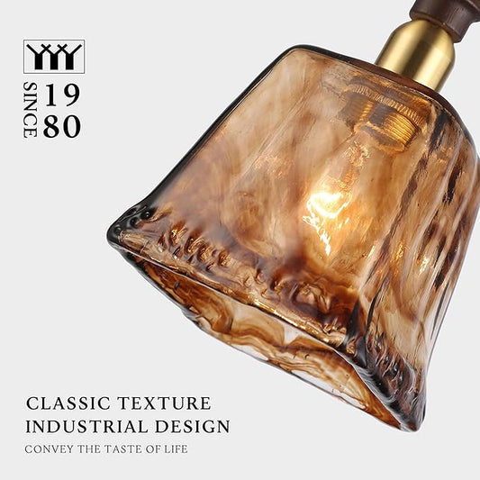 Modern Amber Glass Pendant Light, 4.33"x9.8" Hanging Fixture with Golden Wood Handle & Brass Cap, 15"-72" Adjustable Line, E26 Socket – Golden Amber Square