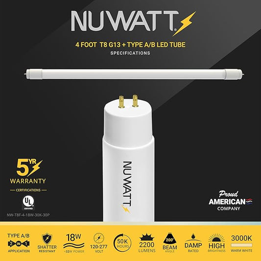 NUWATT 30 Pack 4 FT LED T8 Tube Light, T10 T12 Hybrid Type A+B, 3000K Warm White, 18W, High Brightness 2,200 Lumens, Plug & Play OR Ballast Bypass Fluorescent Tube Replacement, Single or Double Ended