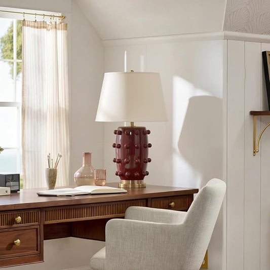Modern Ceramic Linden Table Lamp - 30" White Ball Farmhouse Design, Classic Nightstand Large Linden Lamp Tapered Drum Shade for Living Room, Bedroom, Office, and Home (Wine Red)