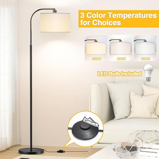 Arc Floor Lamps for Living Room with 3 Color Temperatures, Modern Floor Lamp Reading Light with 9W Bulb Included, Standing Lamp with Adjustable White Hanging Lampshade for Bedroom Office(Black)