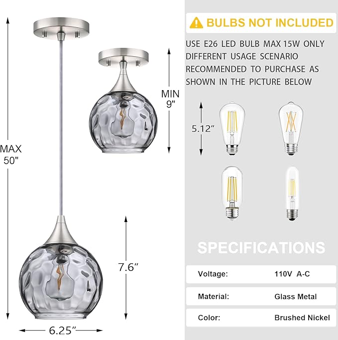 Doraimi Lighting 6.25" Gray Glass Pendant Light 3 Pack Pendant Ceiling Light Fixtures Brushed Nickel Finish Modern Farmhouse Dinning Over Sink Adjustable Height Cord