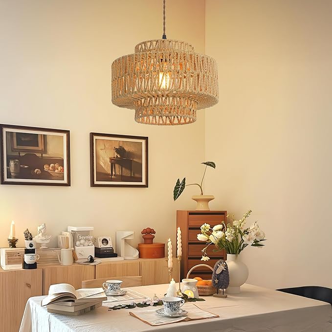 Boho Rattan Lamp Shades for Pendant Light Chandelier Floor Lamps Replacement,Rustic 3-Tier Drum Lamp Shade with Hand-Woven Rattan for Living Room Kitchen Dining Room Office Hotel.