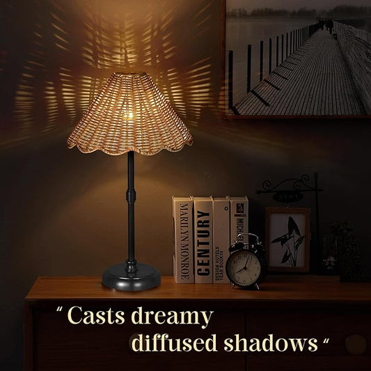 Cordless Boho Rattan Table Lamp Black, 5200-mAh Rechargeable Battery, 3-Level Brightness Dimmable, Build-in Integrated LED 320 Lumen Max, Rattan Shade, for Bedside Restaurant Dining Table