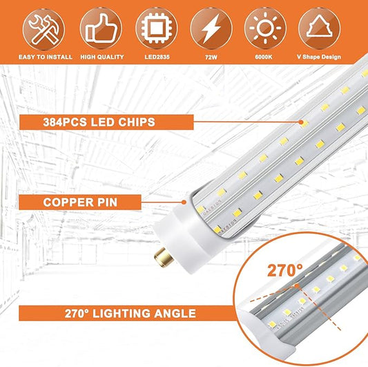 8ft LED Bulbs, 8 Foot LED Shop Light Bulb 72W 6000K 10000lm, Super Bright,T8 T10 T12 V Shape FA8 Lights, Clear Cover, F96T12 Bulbs to Replace Fluorescent Light Bulbs(Pack of 12)