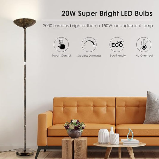 Floor Lamp, Standing Lamp, 20W 2000LM LED Torchiere Floor Lamp, Stepless Dimmable, Touch Control, 3000K Daylight, 50000hrs Lifespan, Floor Lamps for Living Room, Standing Lamps for Bedroom,Bronze