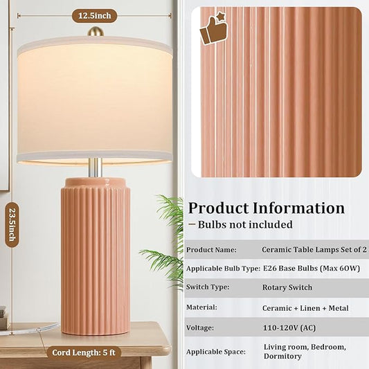 23.5’’ Orange Table Lamps for Bedroom Set of 2, Modern Ceramic Nightstand Lamps for Living Room, Retro Lamps with White Shade Set for Home Office End Table, Farmhouse Bedside Lamps for End Table Dorm