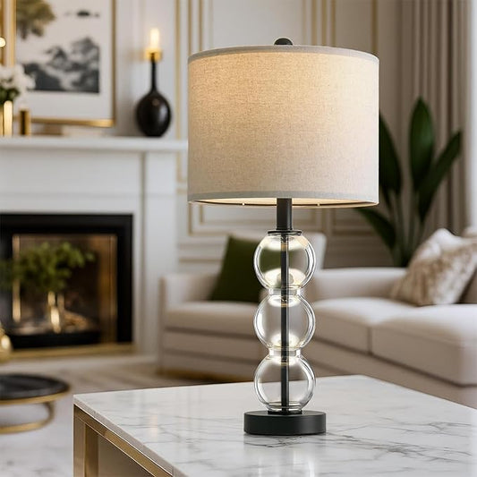 Oneach 25" Glass Table Lamps Set of 2, Black Modern Table Lamps with USB Ports for Living Room, Linen Shade Bedside Lamps for Bedroom, Nightstand, Side Table (Bulbs not Included)