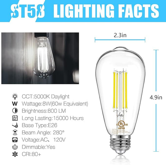 DAYBETTER 10 Pack LED Lights, Vintage LED Edison Bulbs 60 Watt Equivalent, ST58 Antique Filament Light Bulbs, E26 Dimmable Bulb with Natrue White 5000K, Brightness 8W, 800LM, Clear Glass
