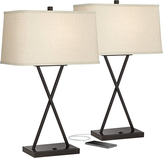 Franklin Iron Works Megan Modern Table Lamps 26.5" High Set of 2 with Hotel Style USB Charging Port LED Bronze Metal Rectangular Fabric Shade for Living Room Bedroom House Bedside Nightstand Home