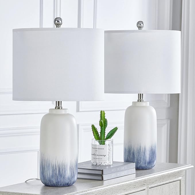 24" Blue Ceramic Table Lamps Set of 2, Modern Coastal Blue Bedside Nightstand Lamp for Living Room, 3 Way Dimmable End Table Lamps for Bedroom Office