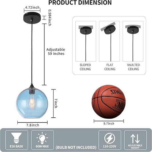 Blue Glass Pendant Lights Kitchen Island Lighting Modern Globe Pendant Light Fixtures Modern Pendant Lights for Kitchen Island Bedroom Living Dining Room Light Fixture-7.8inch 2Pack