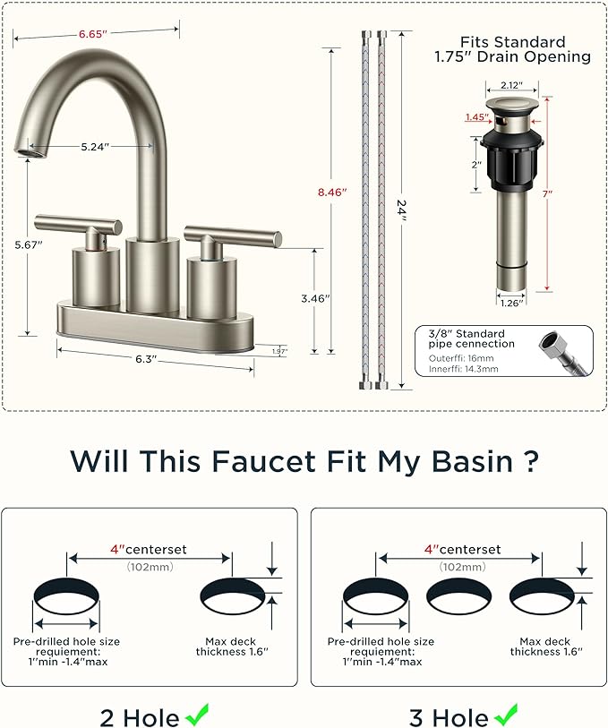 FORIOUS Brushed Nickel Bathroom Faucet 2 Hole, 4 Inch Centerset Bathroom Sink Faucet Brushed Nickel with Pop-up Dain, 24" CUPC Hoses, 360° Swivel Gooseneck for RV Basin