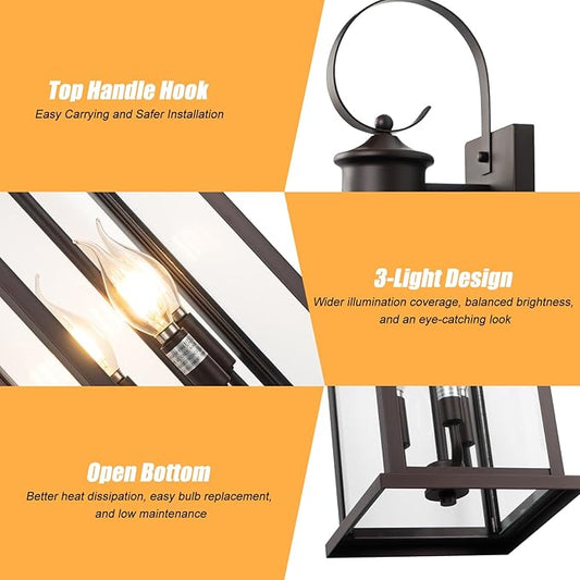 24" Outdoor Lighting Fixture- Bronze 3-Light Exterior Lighting Fixture Waterproof Modern Porch Sconce, Outside Lantern for House Garage Patio E12 Base