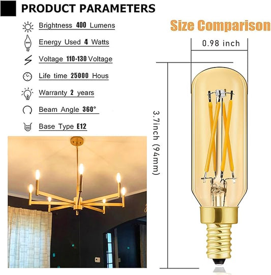 Leools E12 LED Bulb,40 watt Equivalent Candelabra Dimmable Chandelier Light Bulbs 4W 2700K Warm White 400lm T6 E12 LED Edison Filament Vintage Candle Bulb with Decorative,Amber Glass,3.7inch,12-Pack