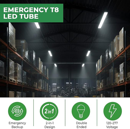 E2 LIGHTING 4FT Emergency T8 LED Tube Light, 18W 2300lm 4000K, 2-in-1 Regular and Battery Backup Tube, 90-Min Emergency Time, Double Ended Wiring, AC 120-277V, DLC ETL Listed LED Shop Light
